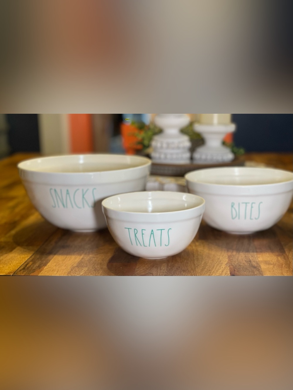 Rae Dunn White Ceramic Bowls with Teal Lettering - Snacks, Treats, Bites